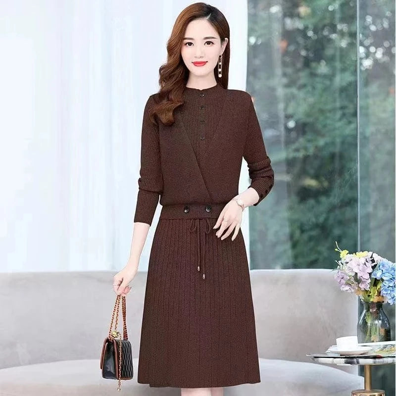 2023 autumn new high-quality round neck lotus sleeve fashion women slimming solid color knit dress