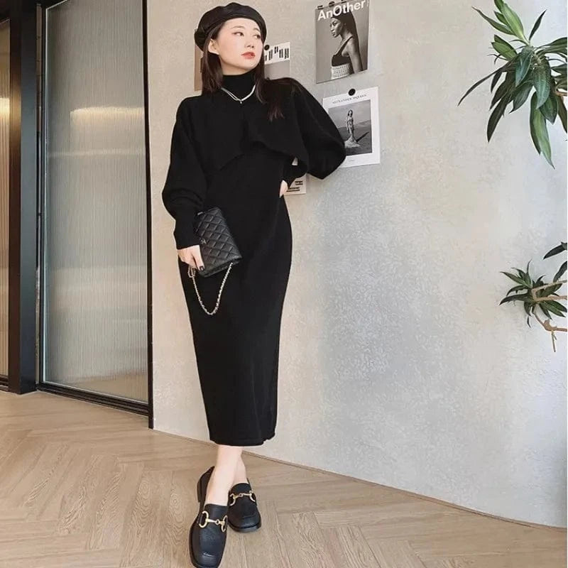 2023 Autumn winter high quality fashion women's solid color semi-high neck mid-length loose two-piece knit dress