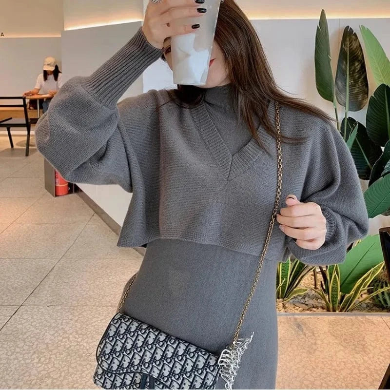 2023 Autumn winter high quality fashion women's solid color semi-high neck mid-length loose two-piece knit dress