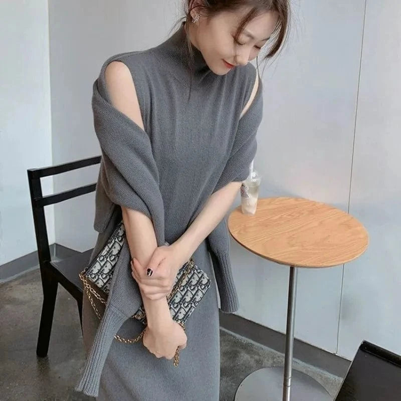 2023 Autumn winter high quality fashion women's solid color semi-high neck mid-length loose two-piece knit dress