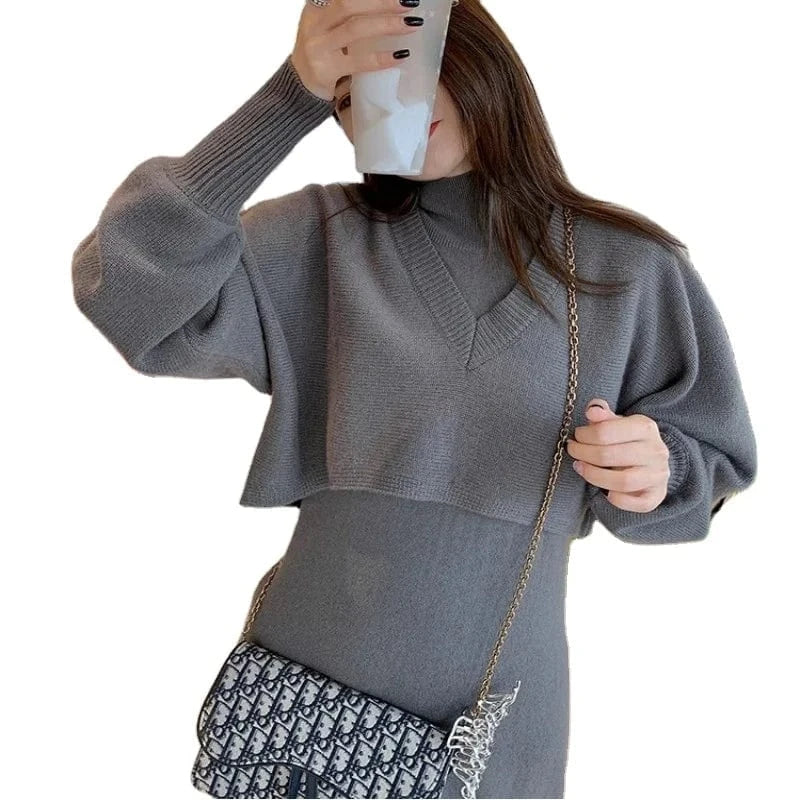 2023 Autumn winter high quality fashion women's solid color semi-high neck mid-length loose two-piece knit dress