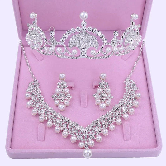 2023 Bride Headdress Wedding Accessories Three-piece Pearl Necklace Earrings Wedding Crown Tiara Necklaces Jewelry Set