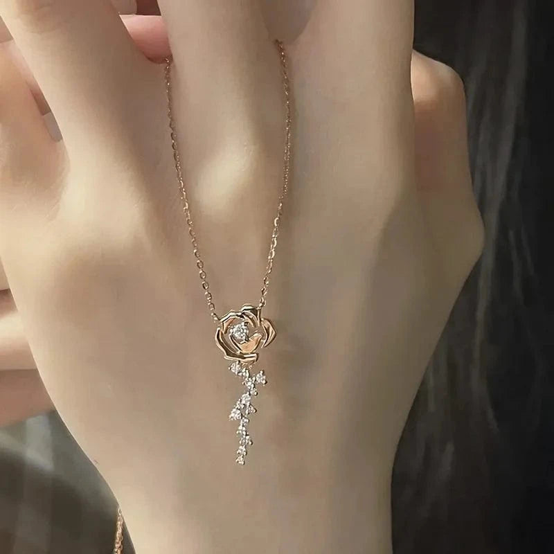 2023 Eternal Rose With Necklace French Retro Dainty Flower Necklace Fashion  Simple Diamond Necklace Jewelry