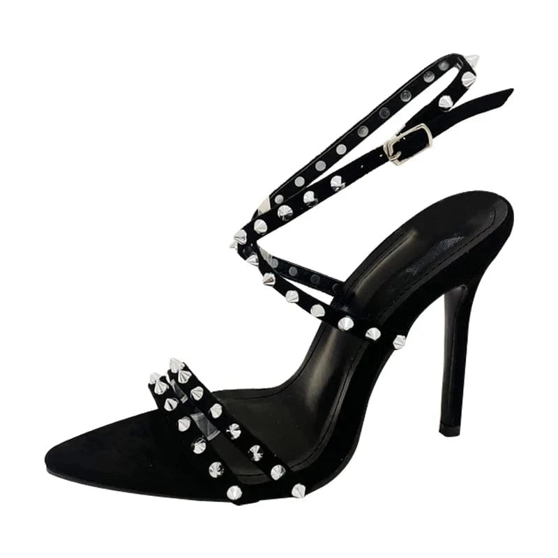 2023 European and American rivet stiletto sandals pointed toe super high heel large size women's shoes