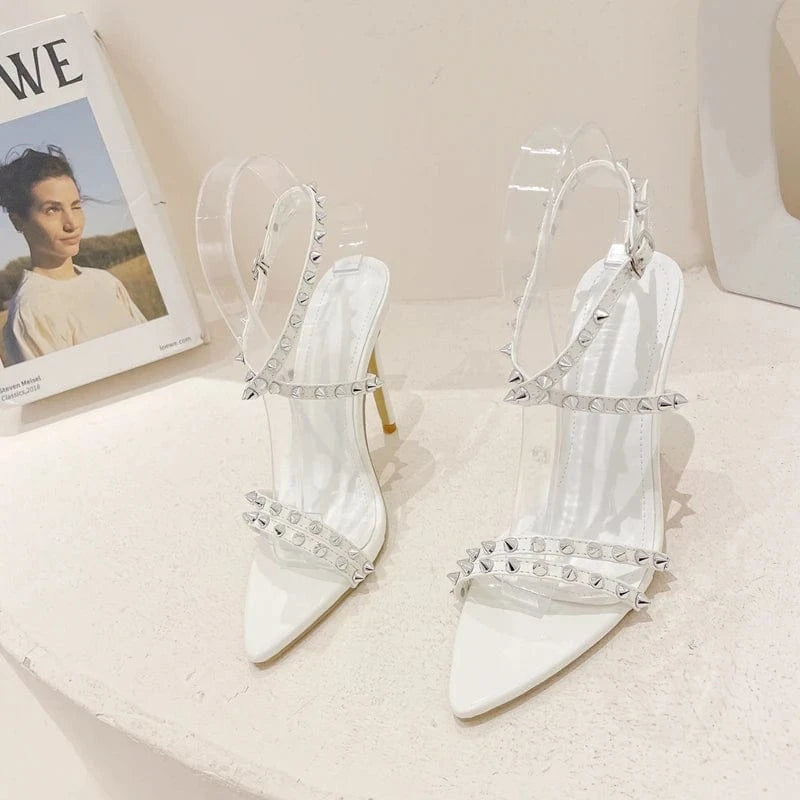 2023 European and American rivet stiletto sandals pointed toe super high heel large size women's shoes