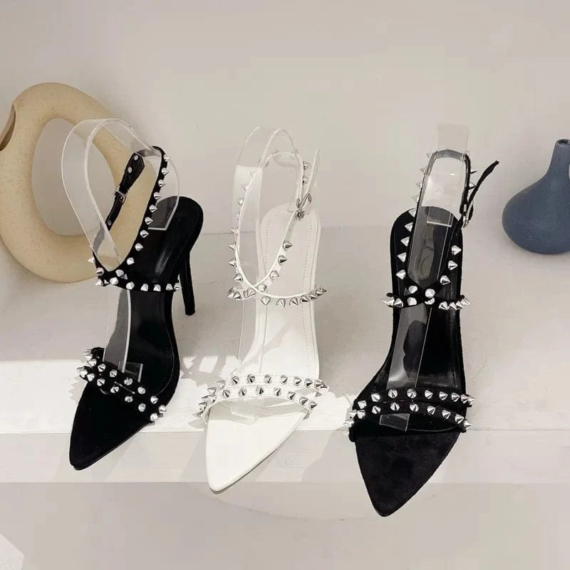 2023 European and American rivet stiletto sandals pointed toe super high heel large size women's shoes