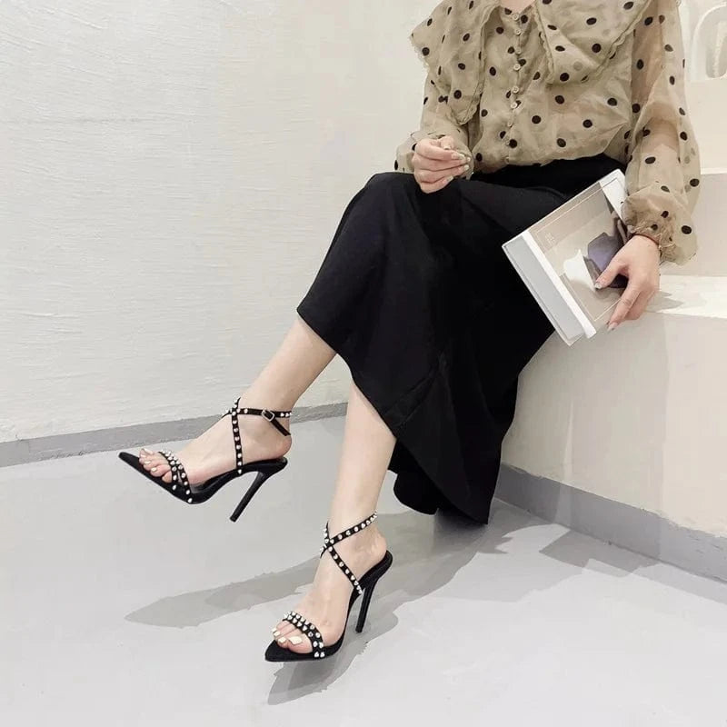2023 European and American rivet stiletto sandals pointed toe super high heel large size women's shoes