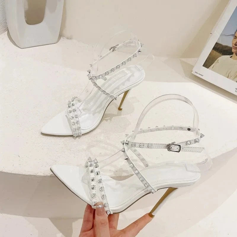 2023 European and American rivet stiletto sandals pointed toe super high heel large size women's shoes