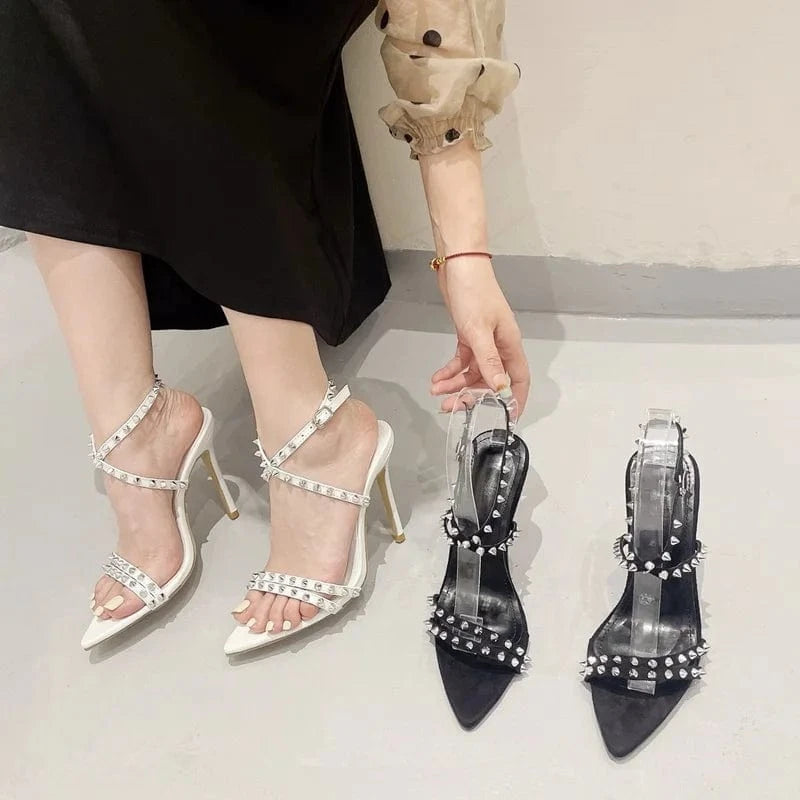 2023 European and American rivet stiletto sandals pointed toe super high heel large size women's shoes