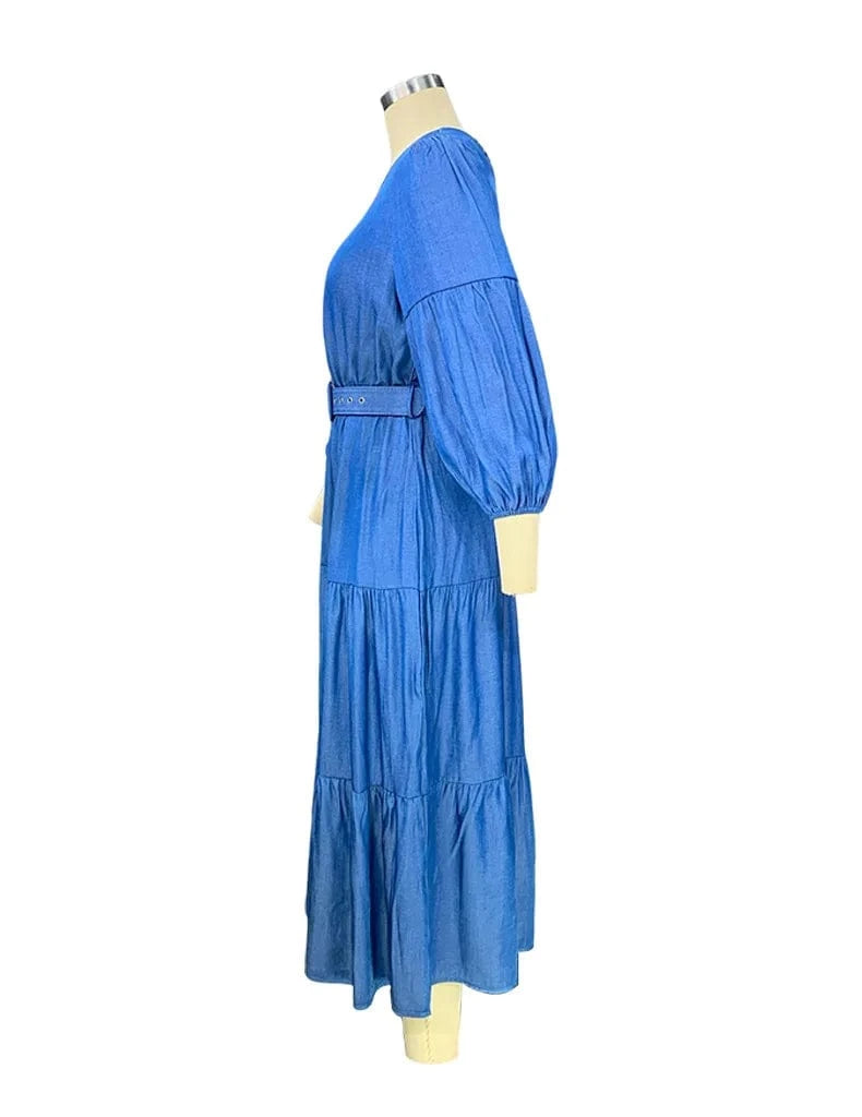 2023 Fall Summer New Women Jean Dresses Fashion Round Neck Denim Jean's Dresses for Ladies Pleated Swing Denim Dress