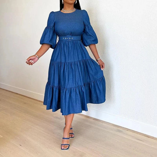 2023 Fall Summer New Women Jean Dresses Fashion Round Neck Denim Jean's Dresses for Ladies Pleated Swing Denim Dress