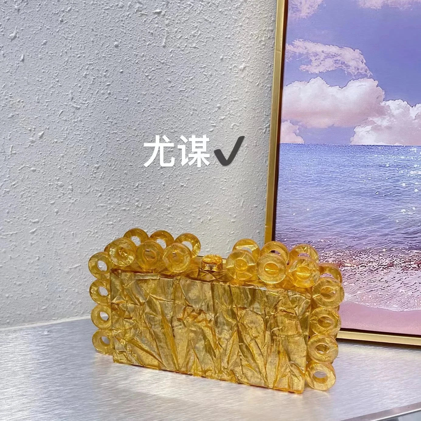 2023 Fashion French Acrylic Marble Gold Foil Small Square Bag Banquet Ring Clip Box Bag Chain Crossbody Bag