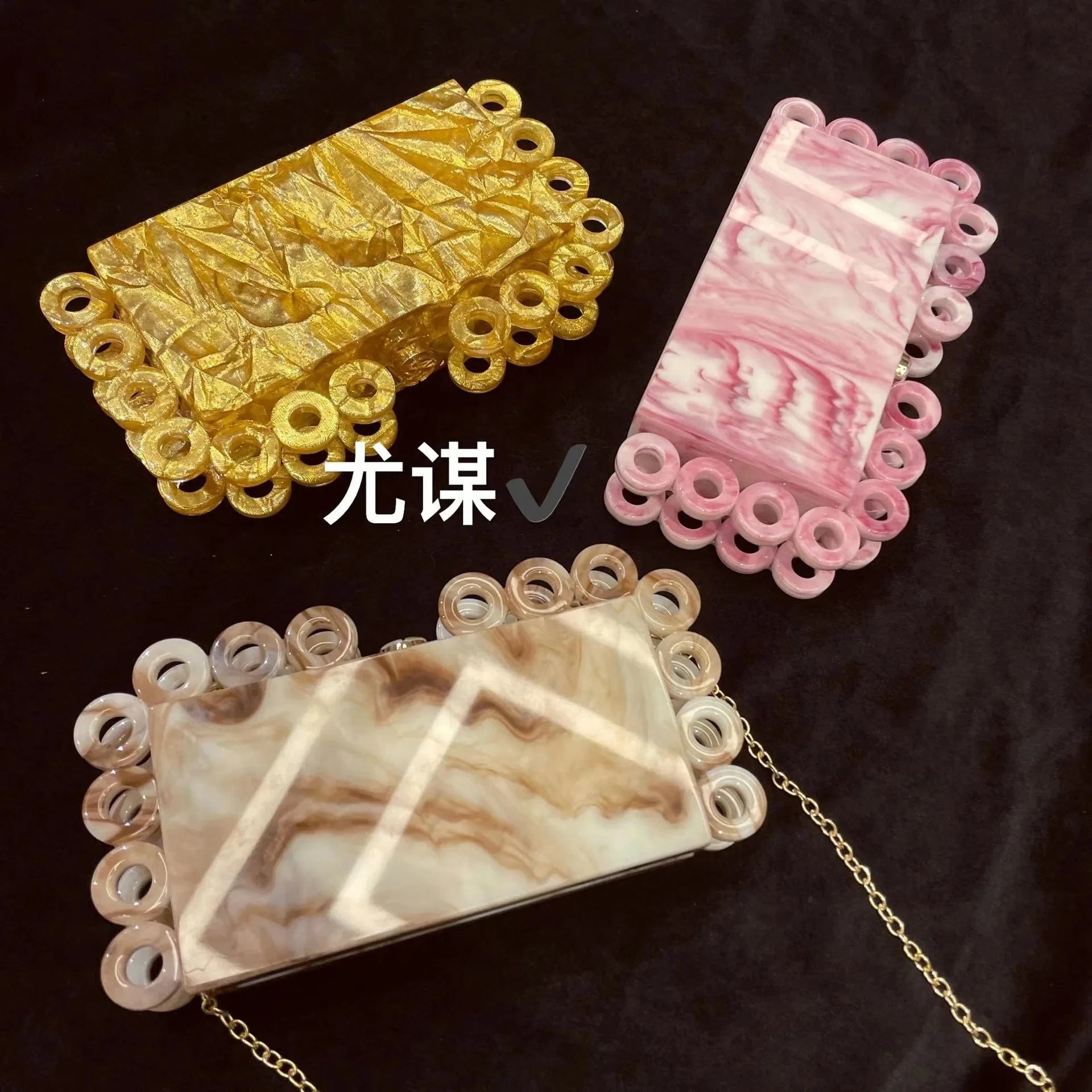 2023 Fashion French Acrylic Marble Gold Foil Small Square Bag Banquet Ring Clip Box Bag Chain Crossbody Bag