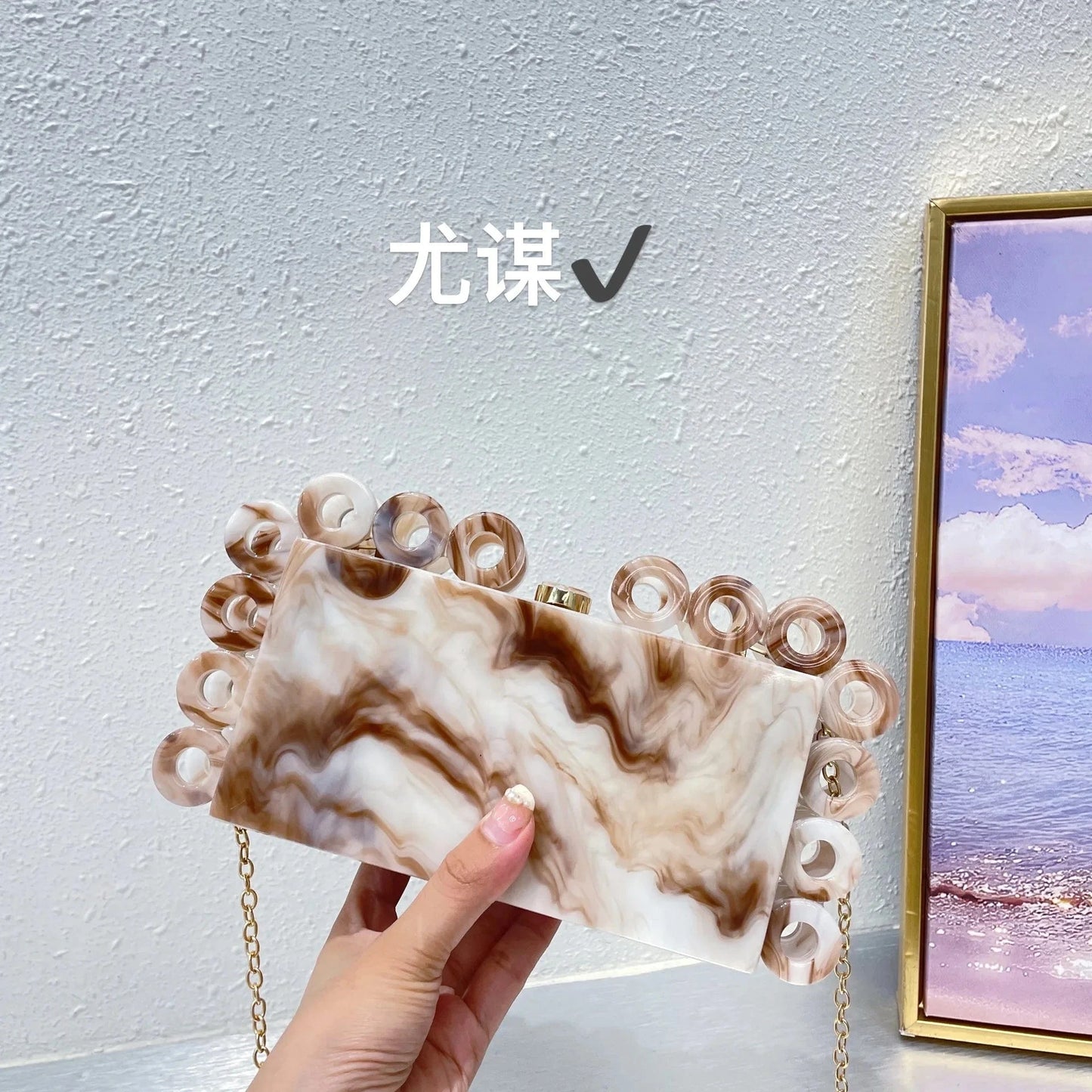 2023 Fashion French Acrylic Marble Gold Foil Small Square Bag Banquet Ring Clip Box Bag Chain Crossbody Bag