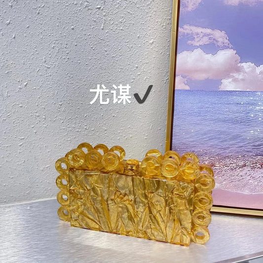 2023 Fashion French Acrylic Marble Gold Foil Small Square Bag Banquet Ring Clip Box Bag Chain Crossbody Bag