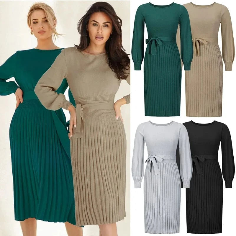 2023 Fashion ladies Autumn winter solid color round neck lantern sleeve high waist loose dress sweater