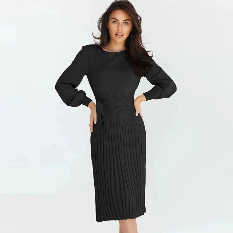 2023 Fashion ladies Autumn winter solid color round neck lantern sleeve high waist loose dress sweater