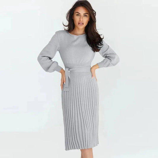 2023 Fashion ladies Autumn winter solid color round neck lantern sleeve high waist loose dress sweater