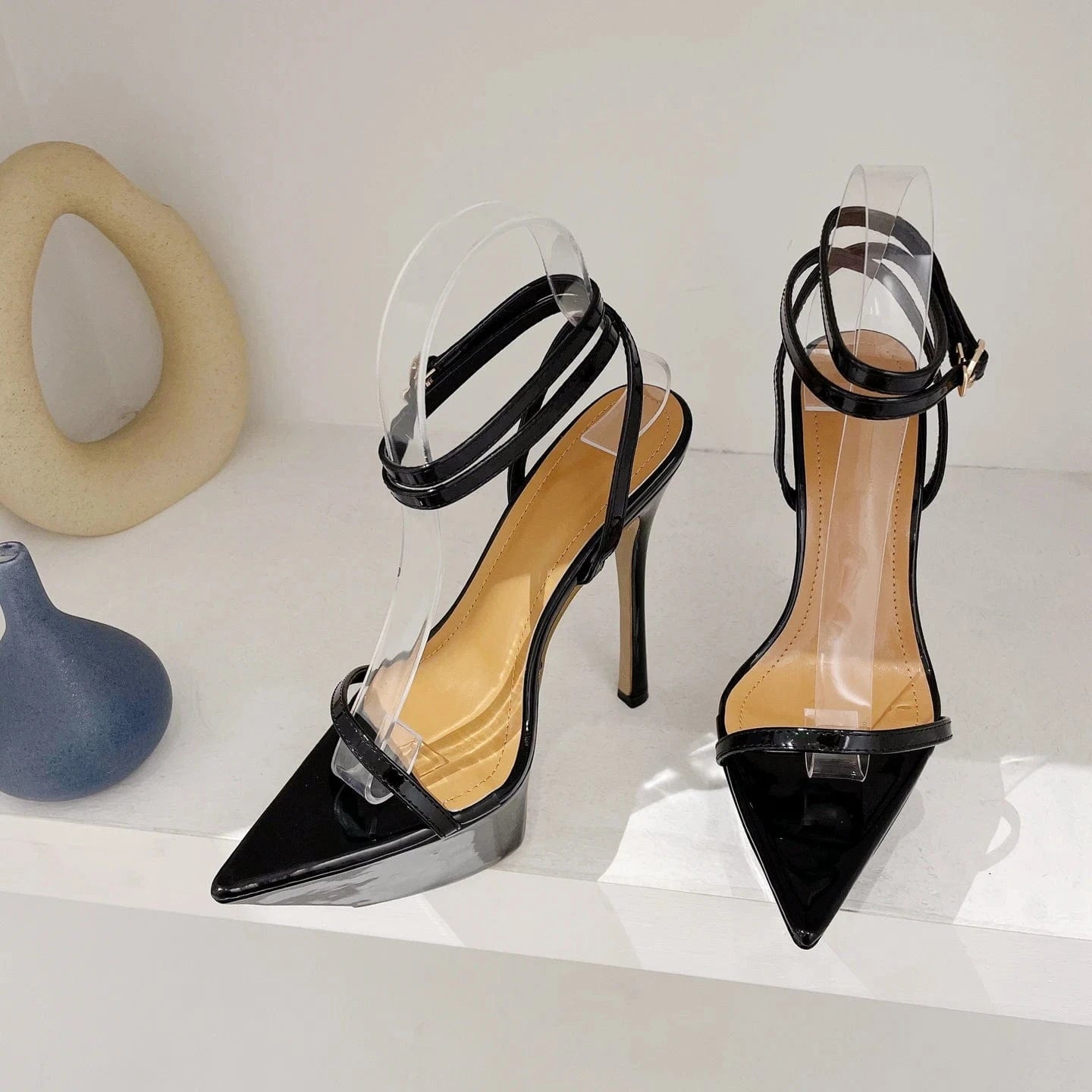 2023 Gold Sexy Sharp Toe Platform Extreme High Heels Women's Sandals Stiletto Heel Narrow Band Buckle Strap Pole Dancing Shoes