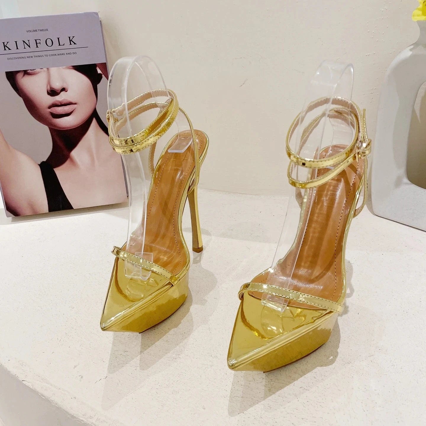 2023 Gold Sexy Sharp Toe Platform Extreme High Heels Women's Sandals Stiletto Heel Narrow Band Buckle Strap Pole Dancing Shoes