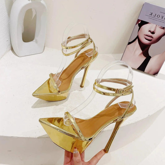 2023 Gold Sexy Sharp Toe Platform Extreme High Heels Women's Sandals Stiletto Heel Narrow Band Buckle Strap Pole Dancing Shoes