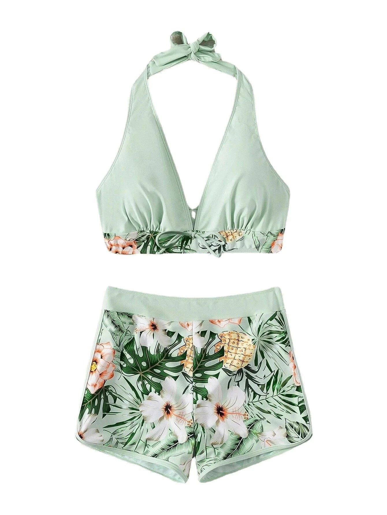 2023 Halter Bikini Set Short Swimsuit Women High Waist Swimwear Female Printed Bathers Swimming Bathing Swim Suit Beachwear