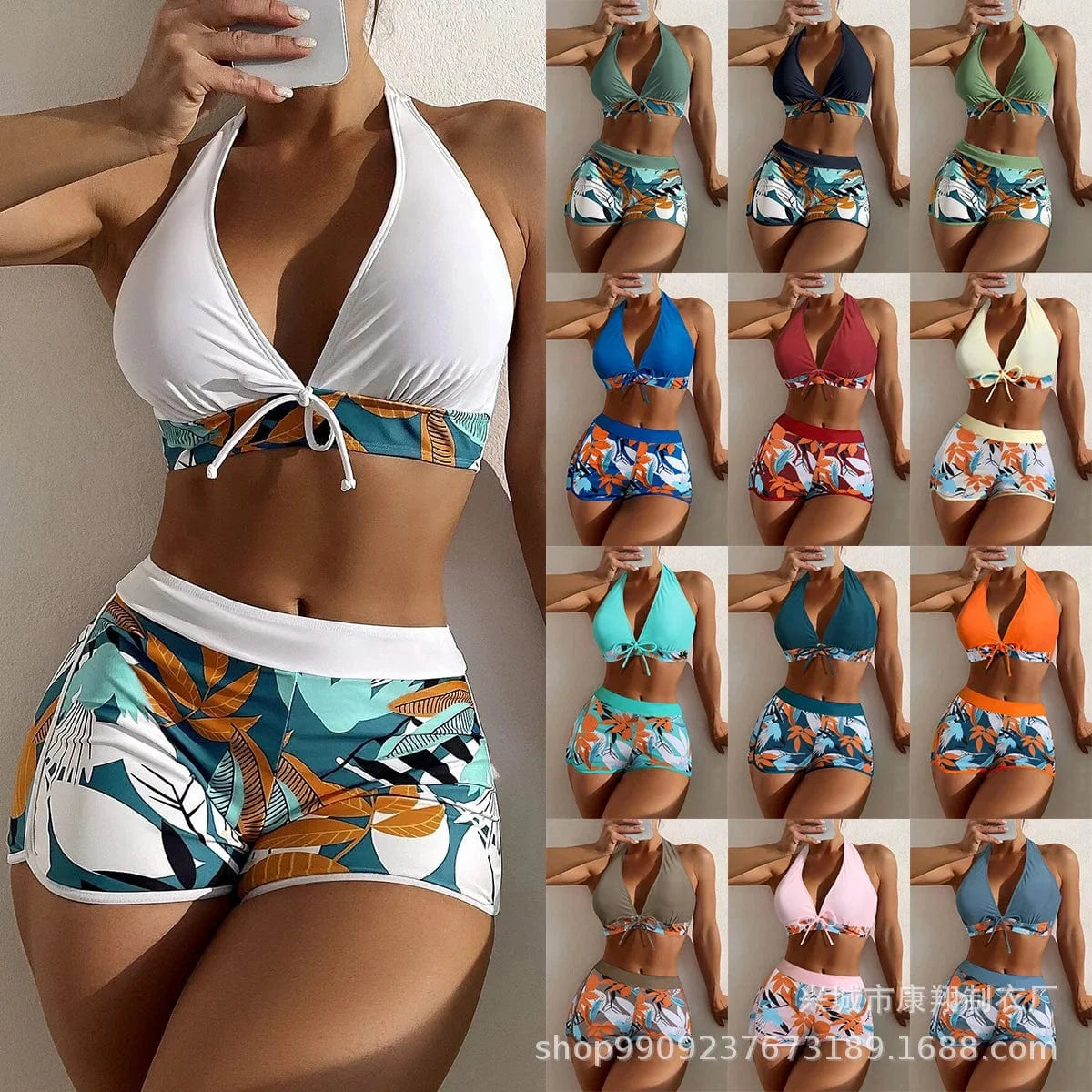 2023 Halter Bikini Set Short Swimsuit Women High Waist Swimwear Female Printed Bathers Swimming Bathing Swim Suit Beachwear