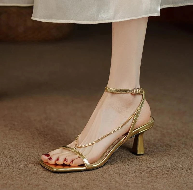 2023 High Heels Shoes For Women Gold Elegant Sandales Femme Fashion Streetwear New High Quality High Heel Sandals