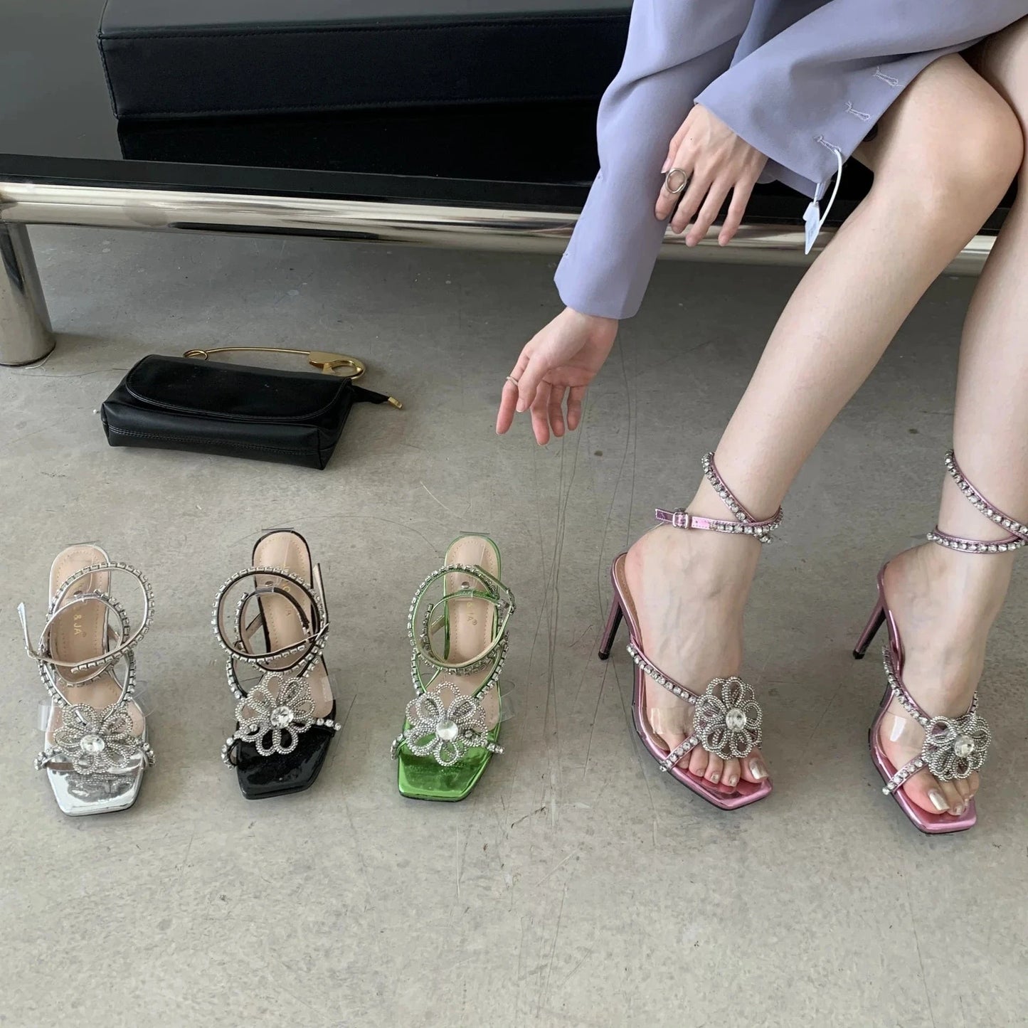 2023 hot sale crystal shoes luxury square toe rhinestone sandals ENMAYER sexy party high heels heeled sandals