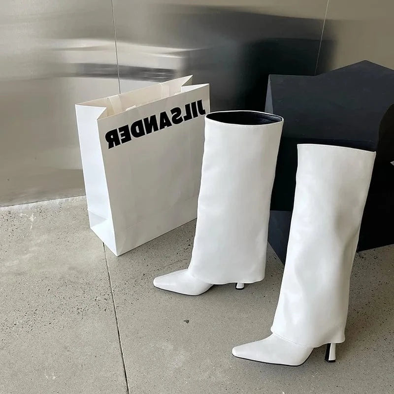 2023 Knee High Trouser Boots Women Pu Leather Square Toe High Heels White Boots Dress Party Shoes Autumn Winter Botas De Mujer