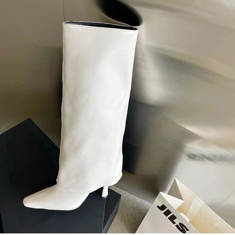 2023 Knee High Trouser Boots Women Pu Leather Square Toe High Heels White Boots Dress Party Shoes Autumn Winter Botas De Mujer