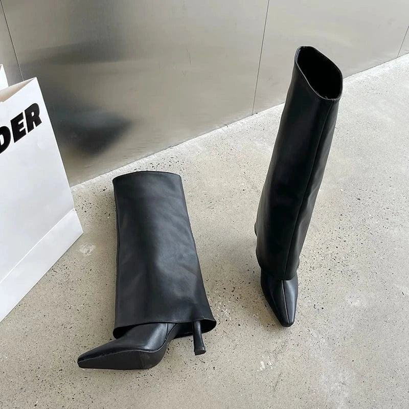 2023 Knee High Trouser Boots Women Pu Leather Square Toe High Heels White Boots Dress Party Shoes Autumn Winter Botas De Mujer