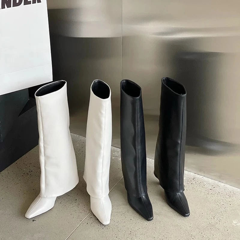 2023 Knee High Trouser Boots Women Pu Leather Square Toe High Heels White Boots Dress Party Shoes Autumn Winter Botas De Mujer