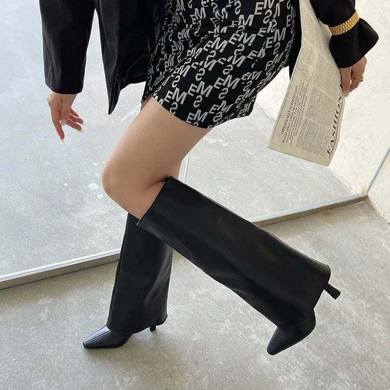 2023 Knee High Trouser Boots Women Pu Leather Square Toe High Heels White Boots Dress Party Shoes Autumn Winter Botas De Mujer