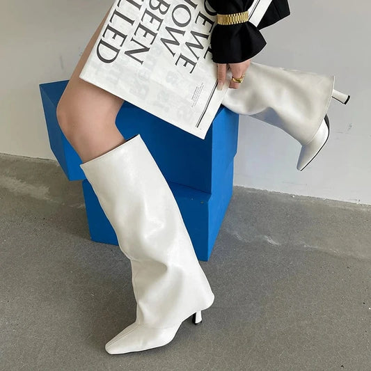 2023 Knee High Trouser Boots Women Pu Leather Square Toe High Heels White Boots Dress Party Shoes Autumn Winter Botas De Mujer