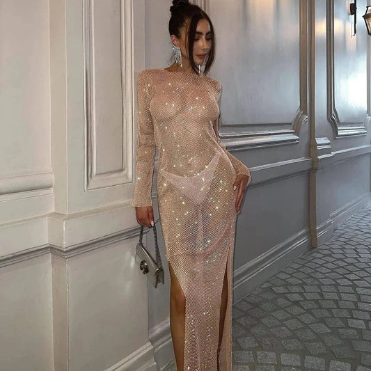 2023 ladies long sleeve black birthday luxury crystal sexy mesh dress rhinestones diamond wedding party midi dresses for women