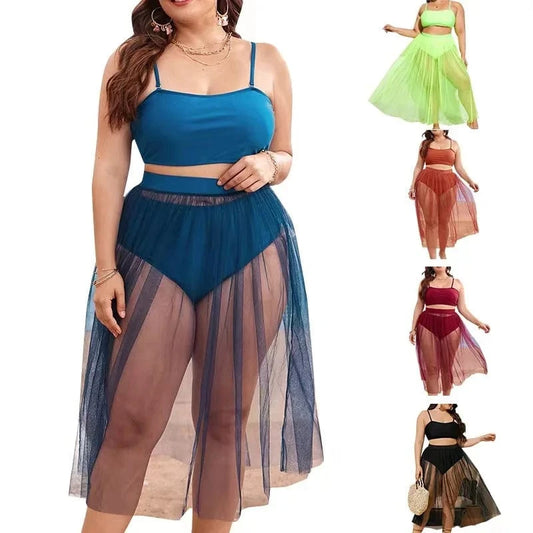 2023 Luxury Three Piece Swimsuit with Mesh Coverup Gauze Skirt Trendy Plus Size Woman Swimwear Solid Designer Big Bathing Suits