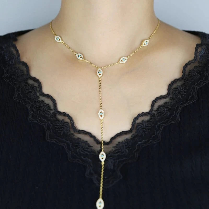2023 New Arrived Bling Silver Gold Plated Fashion Women Jewelry 5A CZ Lariat Y Evil Eye Long Chain Necklace