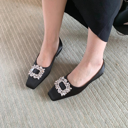 2023 new bottom heel square head rhinestone retro Mary Jane shallow mouth women's shoes