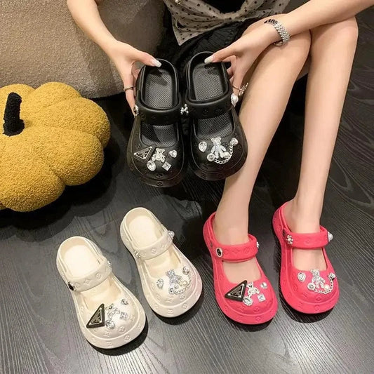 2023 New Fashion Cartoon Decorative Women's Shoes with Hole Shoes Thick Sole  Mary Jane Slippers