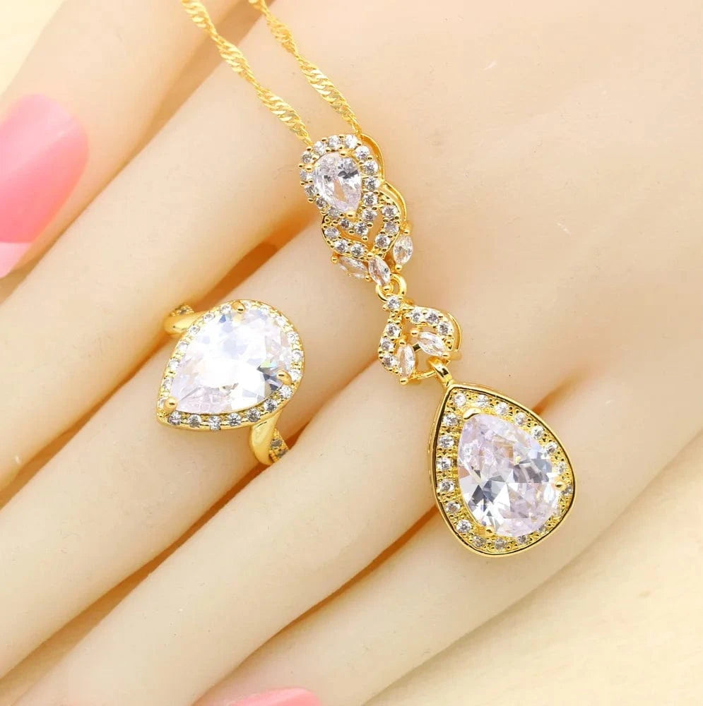 2023 New Gold Color Jewelry Sets For Women Wedding White Zircon Bracelet Earrings Necklace Pendant Ring Gift