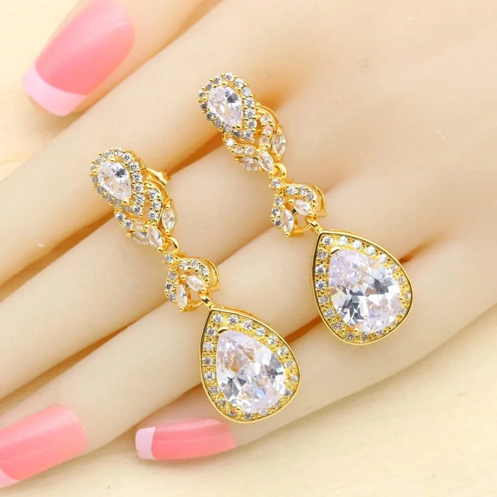 2023 New Gold Color Jewelry Sets For Women Wedding White Zircon Bracelet Earrings Necklace Pendant Ring Gift