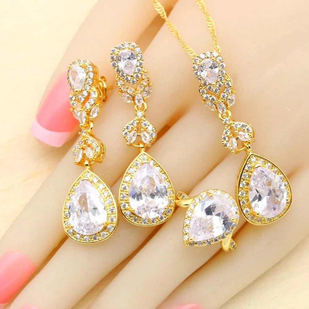 2023 New Gold Color Jewelry Sets For Women Wedding White Zircon Bracelet Earrings Necklace Pendant Ring Gift
