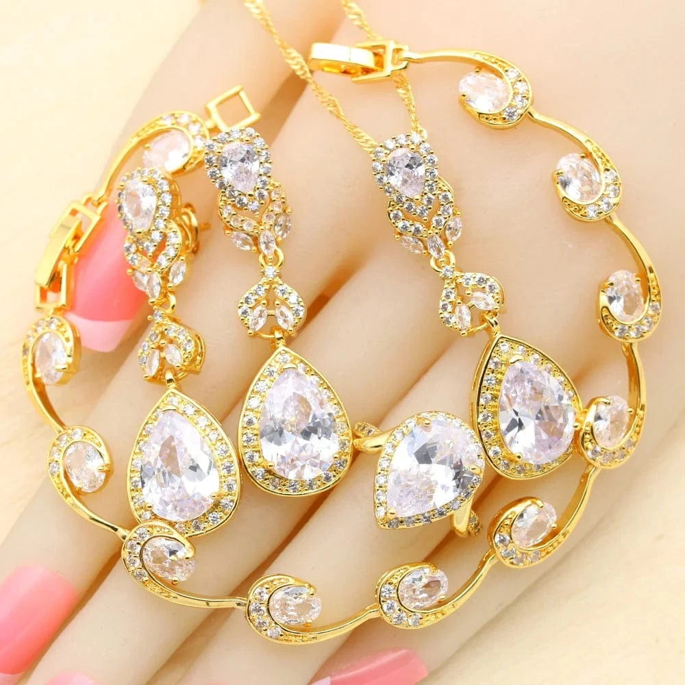 2023 New Gold Color Jewelry Sets For Women Wedding White Zircon Bracelet Earrings Necklace Pendant Ring Gift