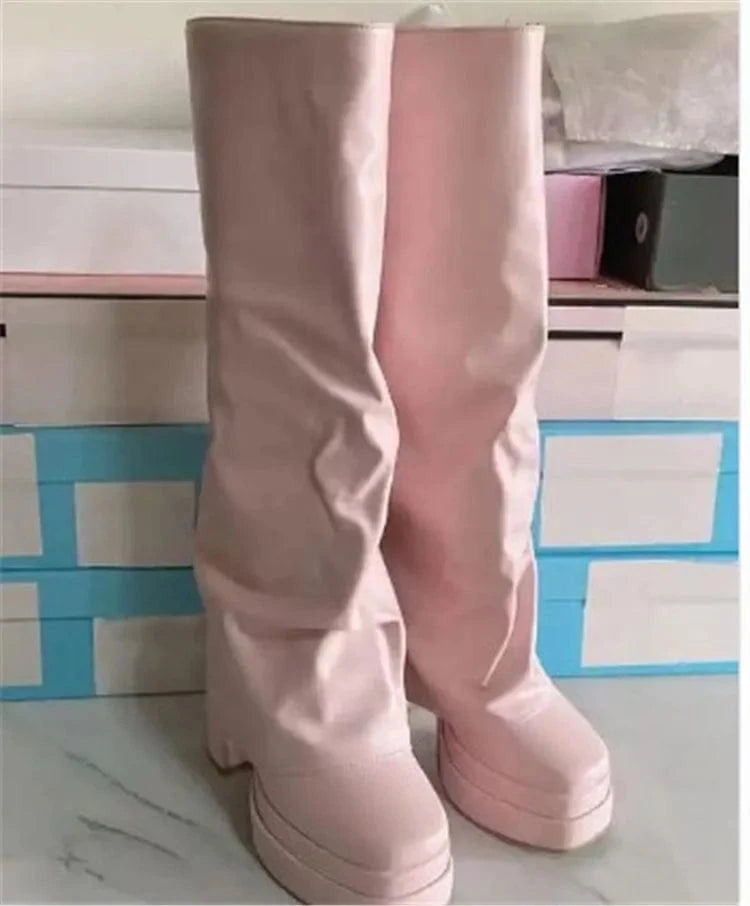 2023 New Platform Square Toe Women Long Knee High Boots Black Winter Shoes Female Leg Cover Booties