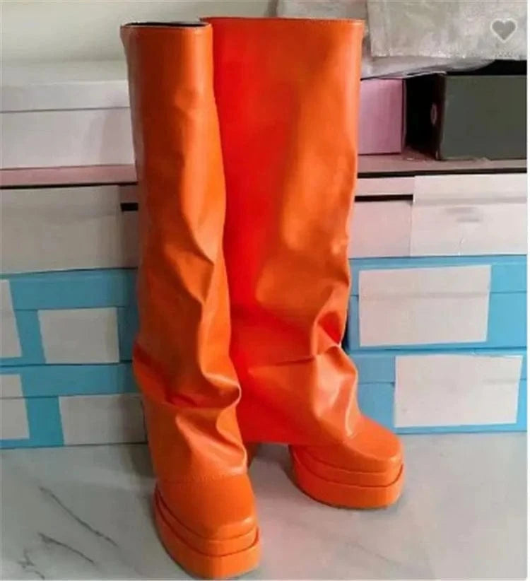 2023 New Platform Square Toe Women Long Knee High Boots Black Winter Shoes Female Leg Cover Booties