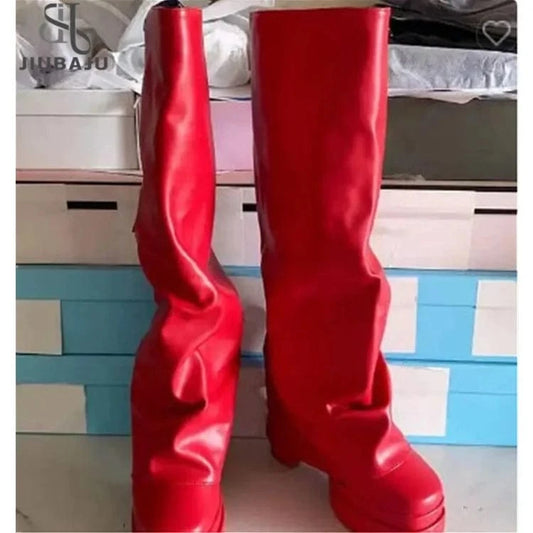 2023 New Platform Square Toe Women Long Knee High Boots Black Winter Shoes Female Leg Cover Booties