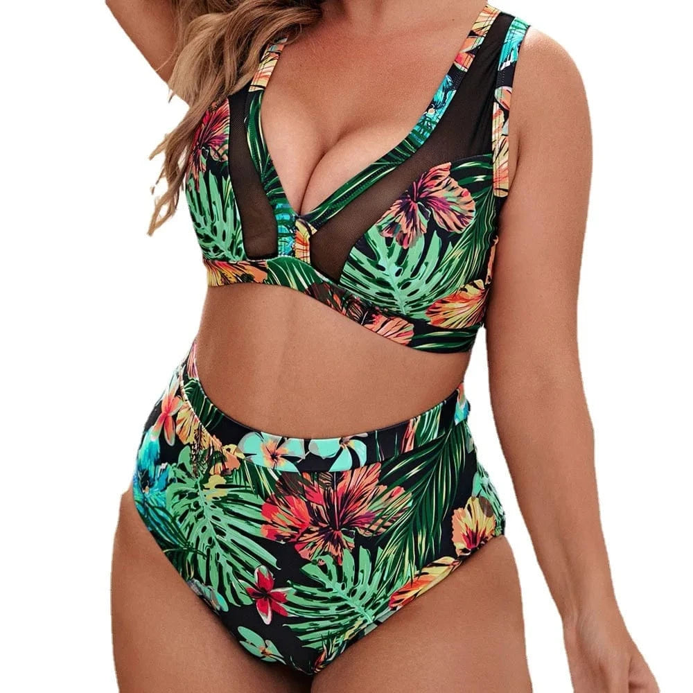 2023 new printed black yarn conservative large Swimsuit Bikini split printed swimsuit Eco Friendly Recycled Nylon Swimwear