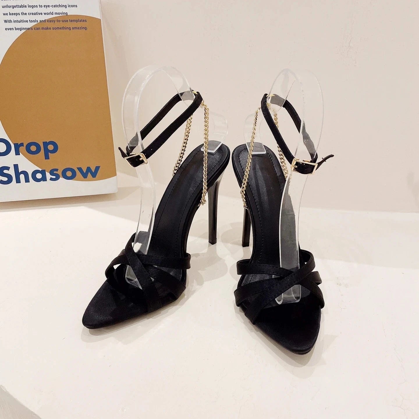 2023 New Thin High Heel Metal Chain Decoration Black High Heel Sandals 42