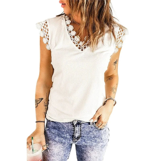 2023 New Wholesale Custom Women Tops Clothing Summer Vest Sexy V-Neck Solid Color Ribbed Lace Tank Top